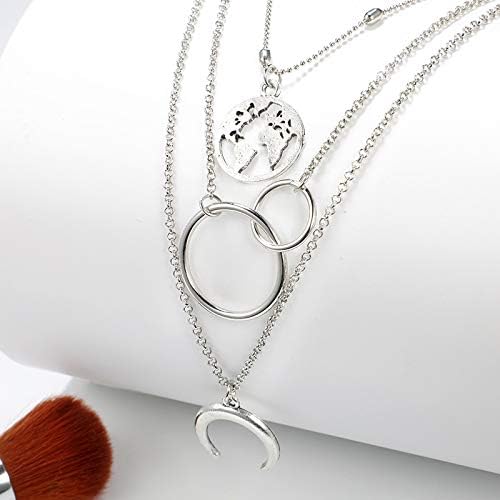 Hollow Out World Map Long Three-Layer Circle Water Drop Horn Necklace - Afro Fashion Hive