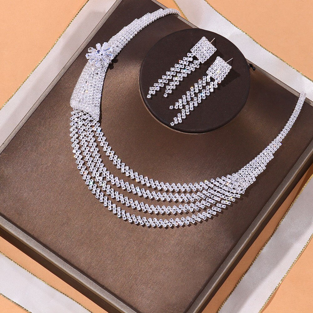 Multi-layer Rhinestone Necklace and Earrings Set for Women - Afro Fashion Hive