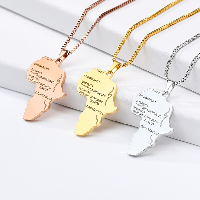 Women Men Charm Collar Chain Hip-hop Style African Map Stainless Steel Necklace