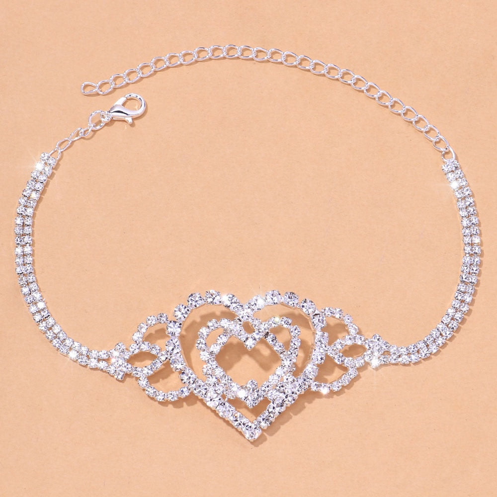 Double Heart Anklet Rhinestone Bling Love Foot Chain For Women - Afro Fashion Hive