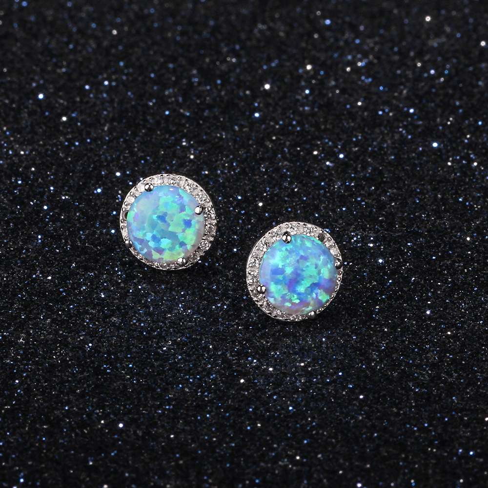 Classic 925 Sterling Silver Round White Pink Blue Opal Stud Earrings - Afro Fashion Hive