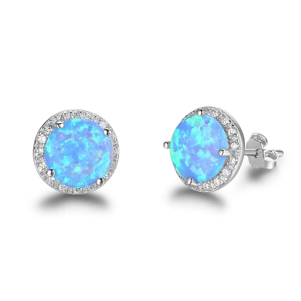 Classic 925 Sterling Silver Round White Pink Blue Opal Stud Earrings - Afro Fashion Hive