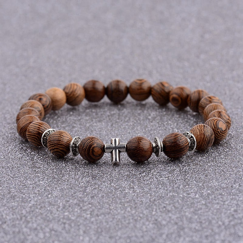 Men Women Natural Wood Onyx Meditation Prayer Bead Bracelet - Afro Fashion Hive