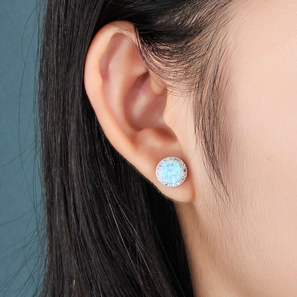 Classic 925 Sterling Silver Round White Pink Blue Opal Stud Earrings - Afro Fashion Hive