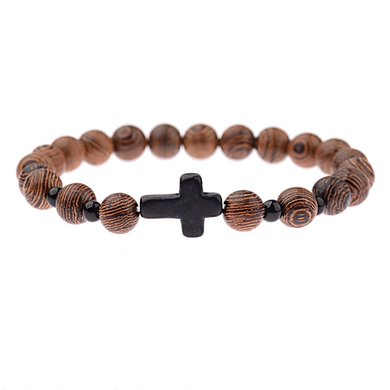 Men Women Natural Wood Onyx Meditation Prayer Bead Bracelet - Afro Fashion Hive