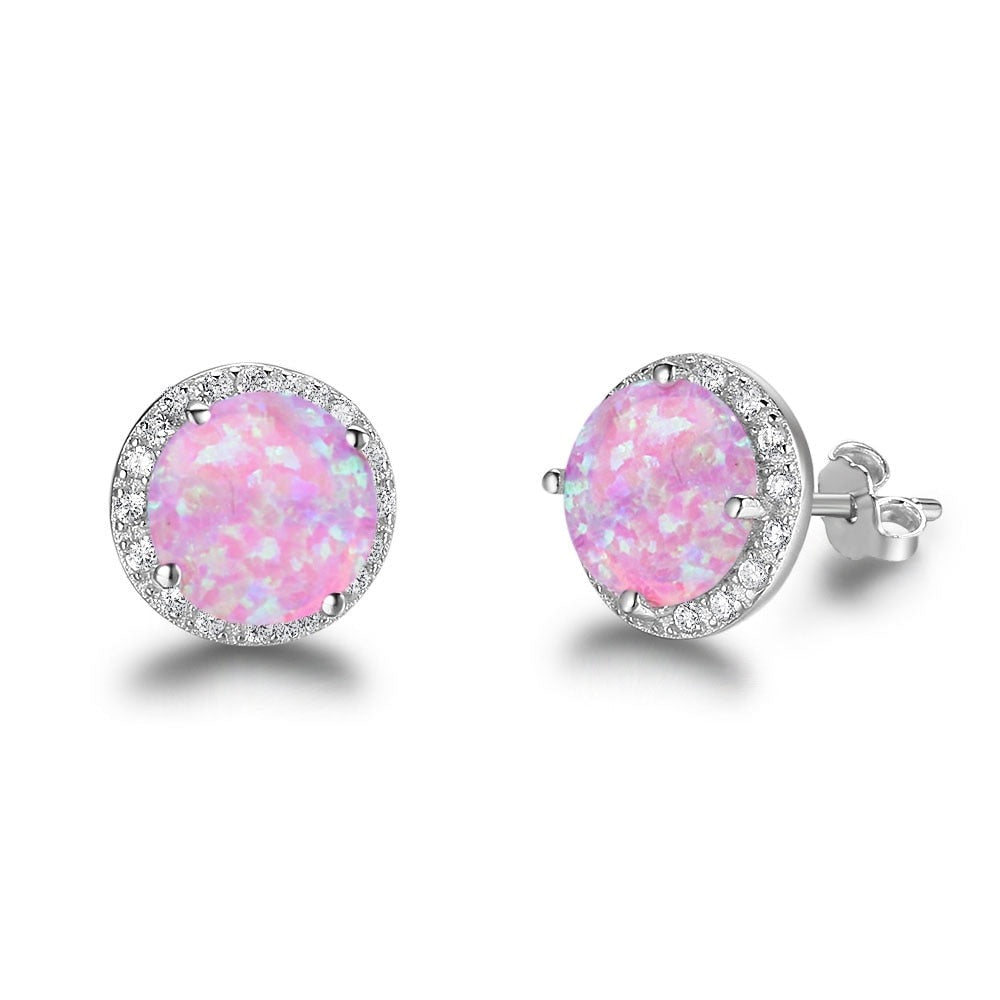 Classic 925 Sterling Silver Round White Pink Blue Opal Stud Earrings - Afro Fashion Hive