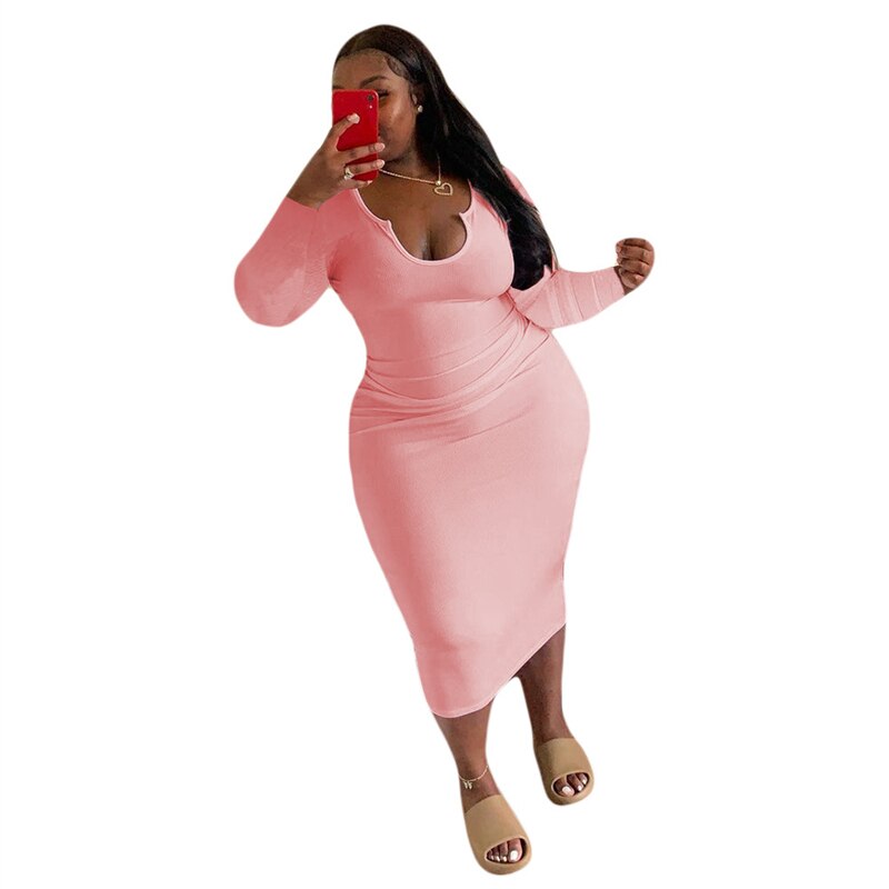 Women'S Solid Autumn U Neck Long Sleeve Bodycon Casual Midi Dress - Afro Fashion Hive