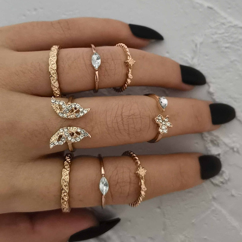 Boho Vintage Gold Color Crystal Opal Gem Crown Star Ring Set - Afro Fashion Hive