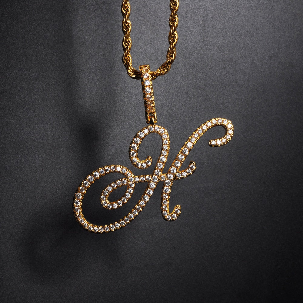 Cursive Letters Name Pendant & Iced Out Cubic Zircon Gold Silver Color Necklace - Afro Fashion Hive