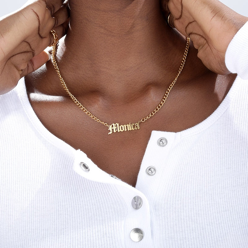 Stainless Steel Cuban Chain Custom Old English Name Necklaces For Women And Men - Afro Fashion Hive