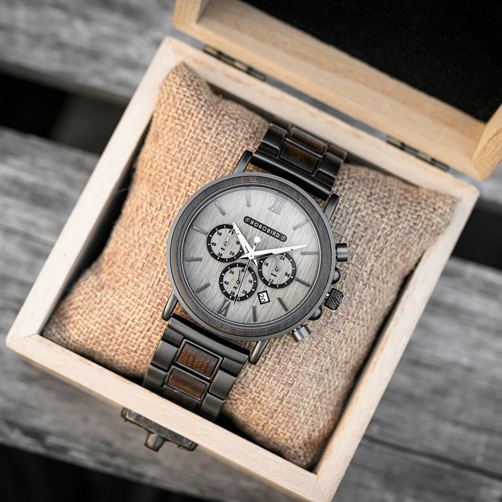 Men'S Stylish Luxury Stainless Steel Waterproof Chronograph Wood Watch - Afro Fashion Hive