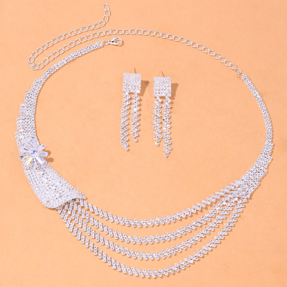 Multi-layer Rhinestone Necklace and Earrings Set for Women - Afro Fashion Hive