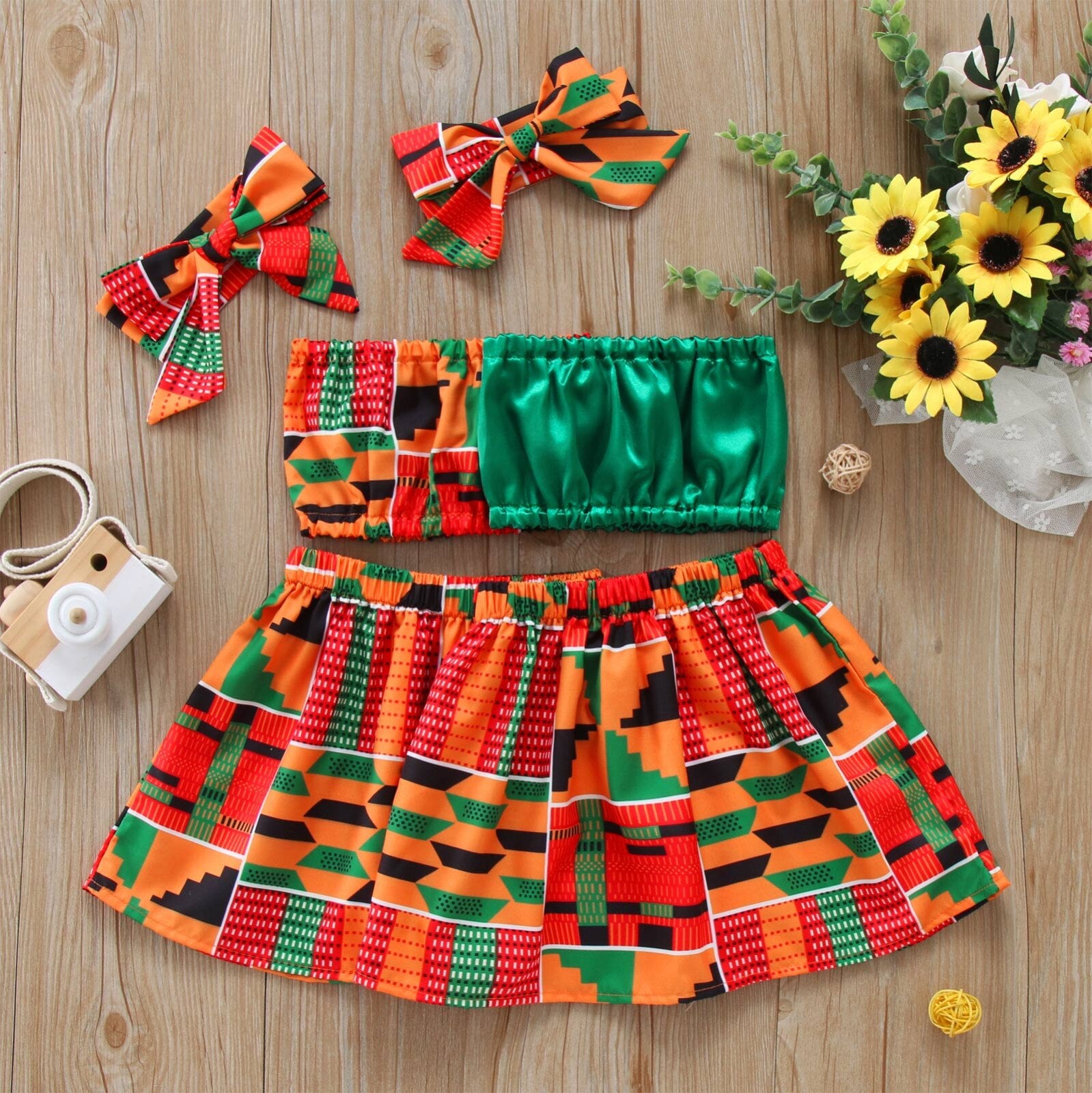 Toddler Baby Girls Summer African Style Vest Tops Dashiki Skirts Headband Ankara Outfits