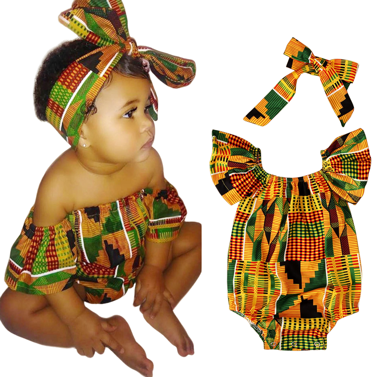 Toddler African Print Off Shoulder O Neck Romper + Headband Set - Afro Fashion Hive