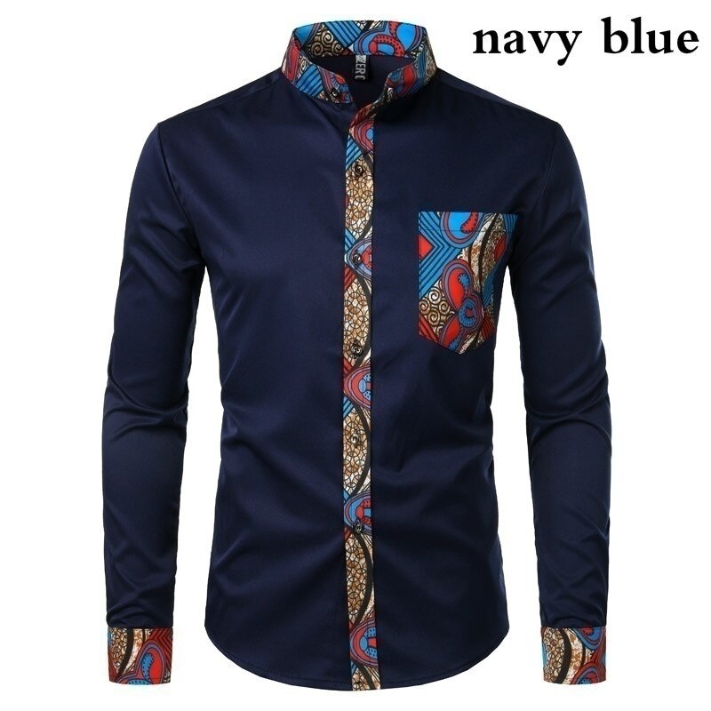 African Patchwork Pocket Print Ankara Style Long Sleeve Men's Shirt - Afro Fashion Hive