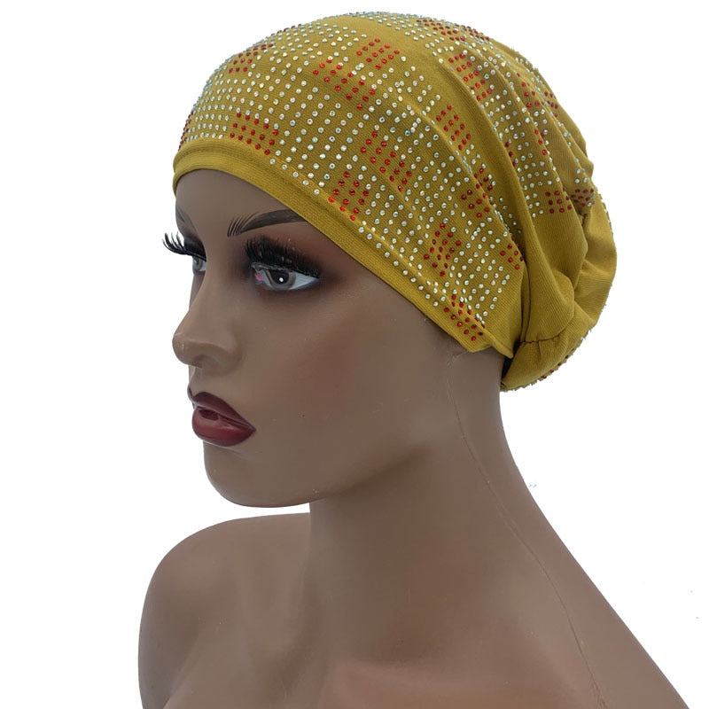 Women's Pleated Turban Cap with Padded Diamonds Design Elastic Headscarf