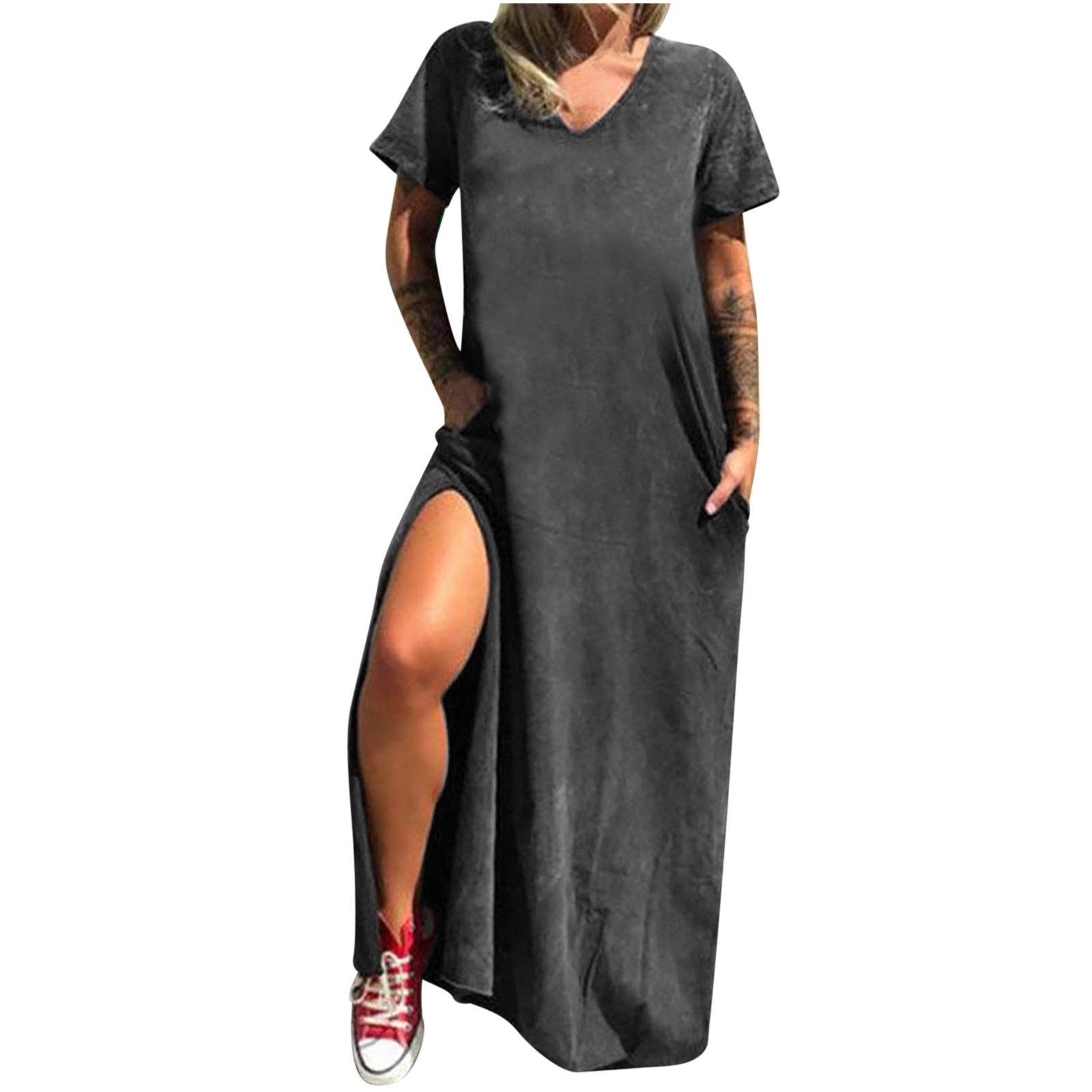 Women's Solid Color Casual V Neck Short Sleeved Long High Slit Loose Dress - Afro Fashion Hive