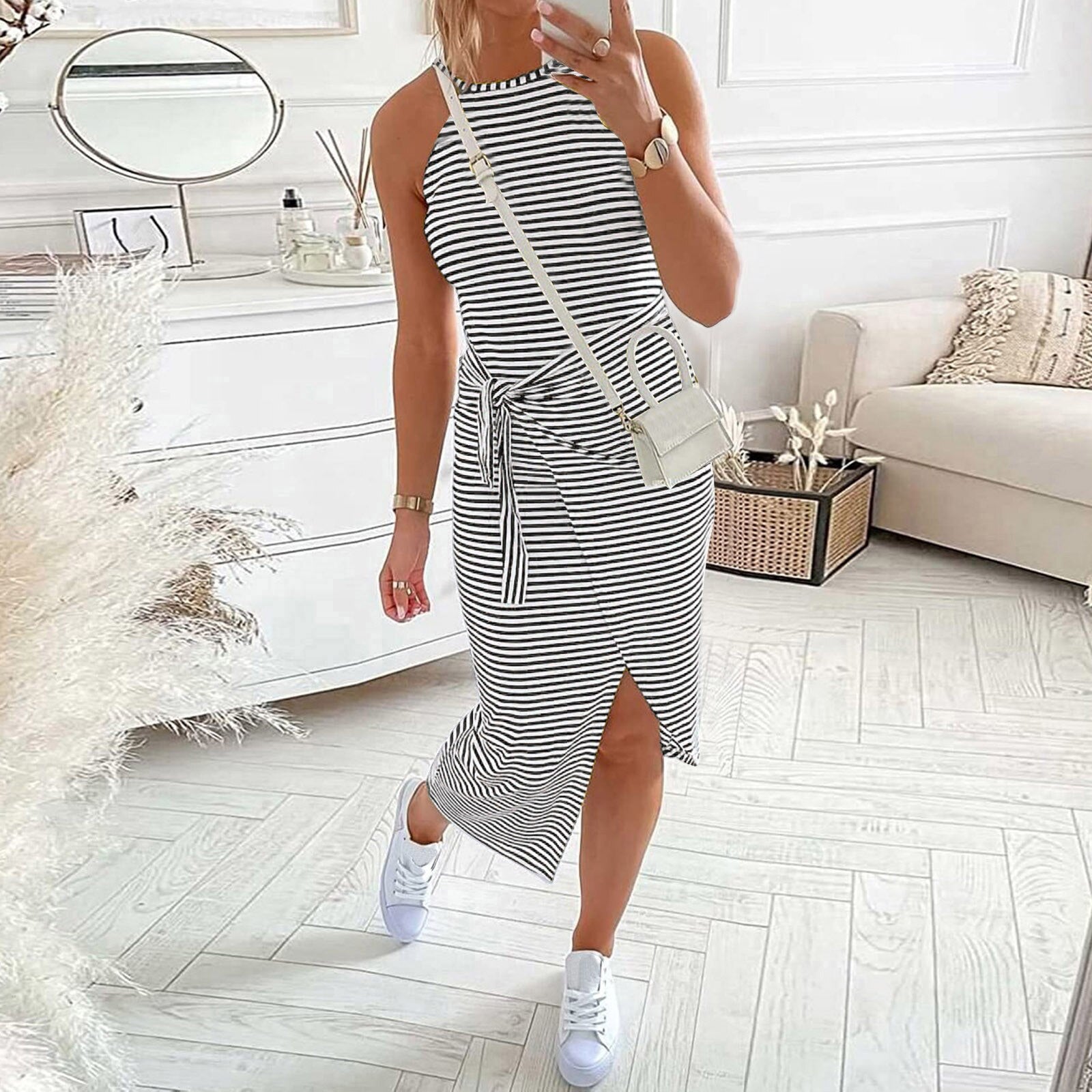 Women's Casual Summer Sleeveless Dresses Striped O Neck Sundress - Afro Fashion Hive