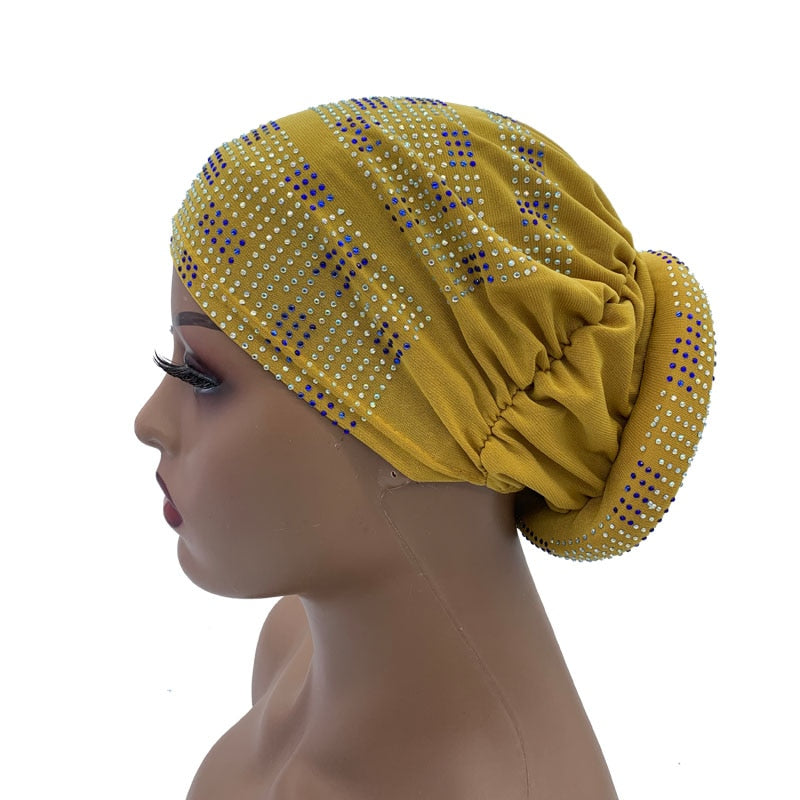 Women's Pleated Turban Cap with Padded Diamonds Design Elastic Headscarf