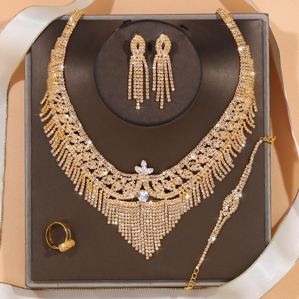 Women Hollow Crystal Luxury Tassel Rhinestone Bridal Jewelry Set - Afro Fashion Hive