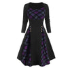 Women'S Black High Waist Long Sleeves Buckled Plaid Panel A-Line Dress - Afro Fashion Hive