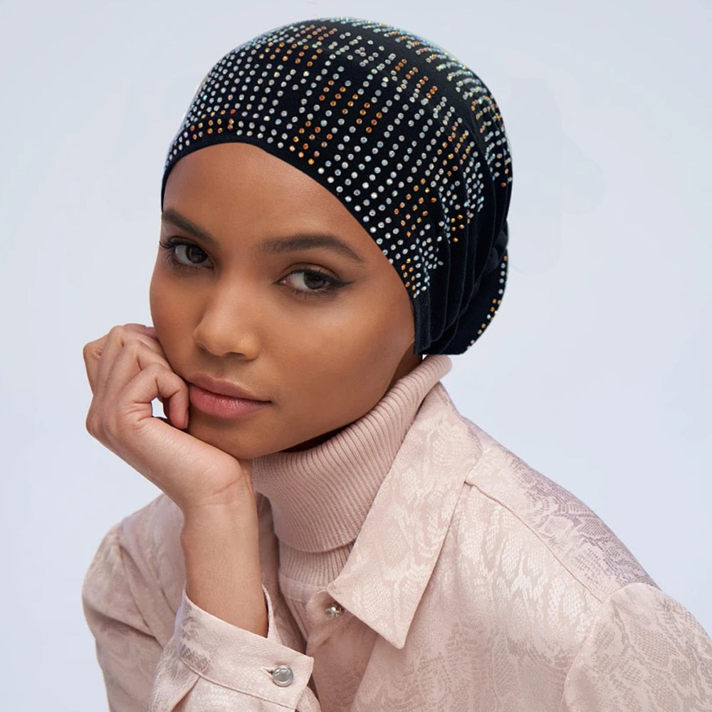 Women's Pleated Turban Cap with Padded Diamonds Design Elastic Headscarf