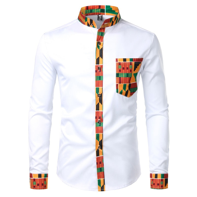 African Patchwork Pocket Print Ankara Style Long Sleeve Men's Shirt - Afro Fashion Hive