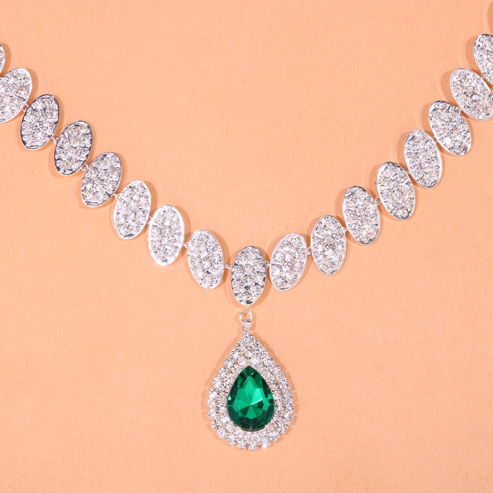 Women Green Water Drop Rhinestone Exquisite Round Crystal Necklace Set