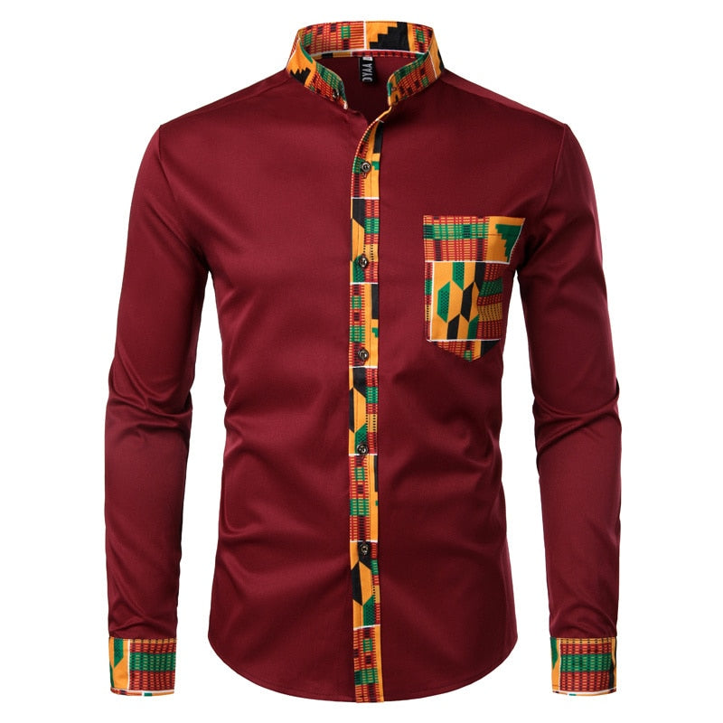 African Patchwork Pocket Print Ankara Style Long Sleeve Men's Shirt - Afro Fashion Hive