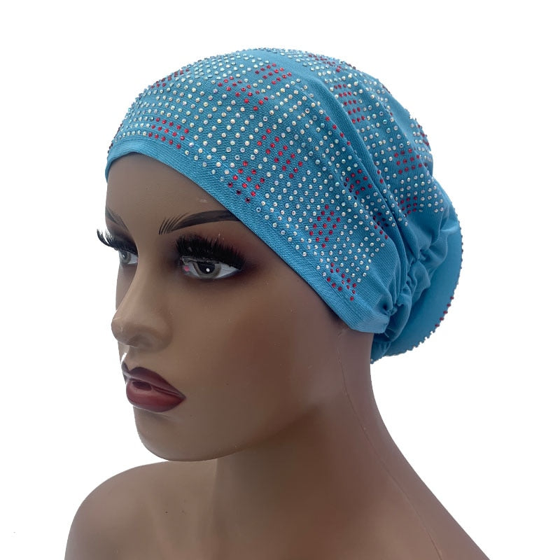 Women's Pleated Turban Cap with Padded Diamonds Design Elastic Headscarf