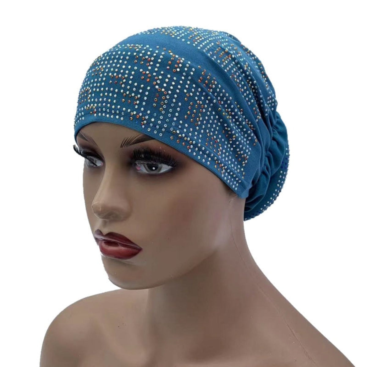 Women's Pleated Turban Cap with Padded Diamonds Design Elastic Headscarf