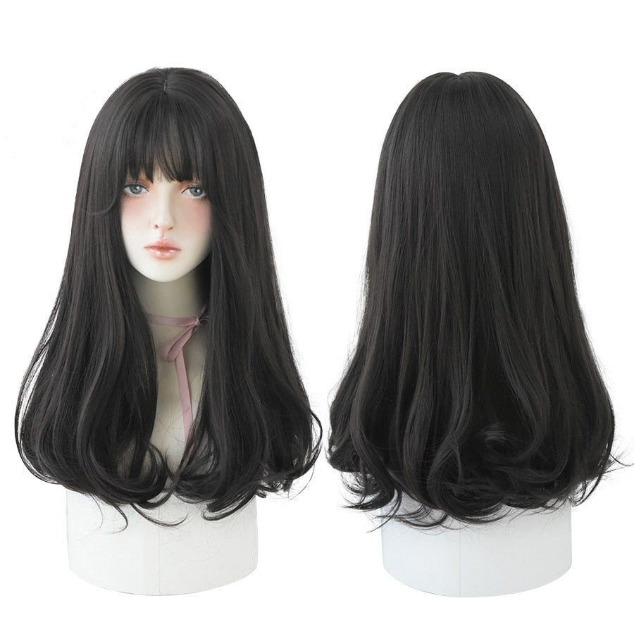 Heat Resistant Mid-Length Wavy Synthetic Black Wigs For Women With Fringe - Afro Fashion Hive