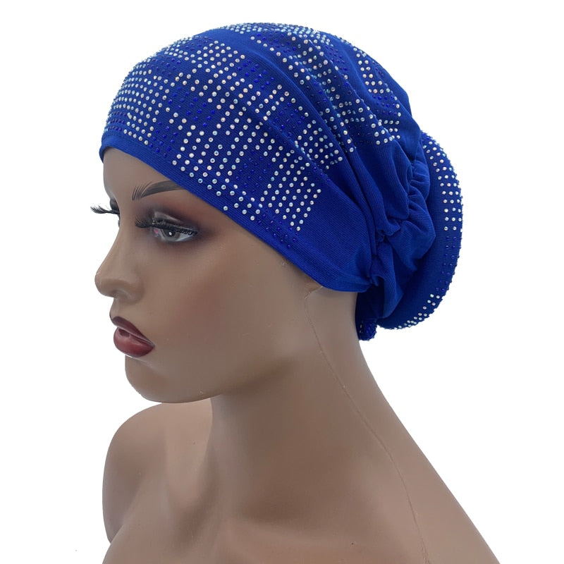 Women's Pleated Turban Cap with Padded Diamonds Design Elastic Headscarf