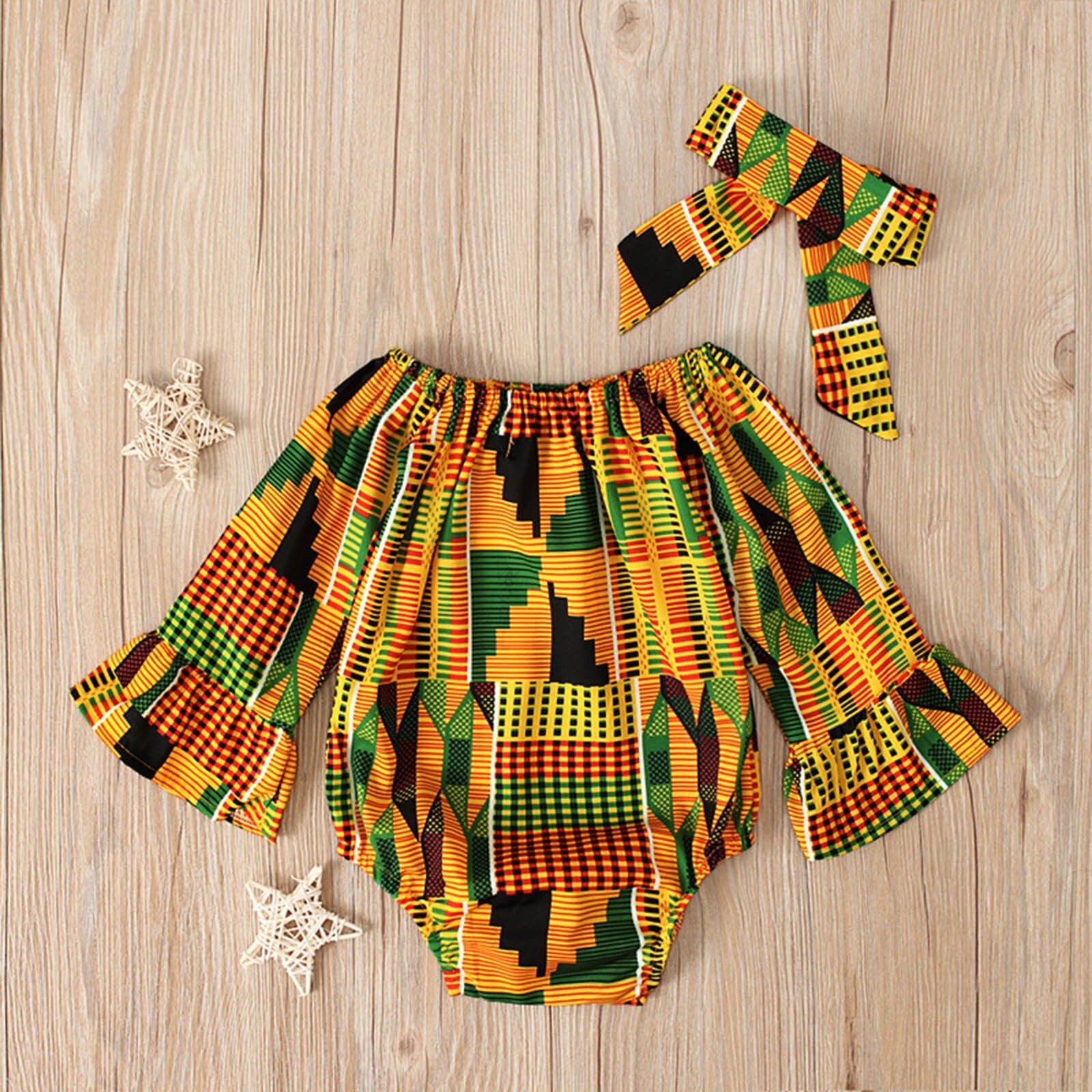 Toddler African Print Off Shoulder O Neck Romper + Headband Set - Afro Fashion Hive