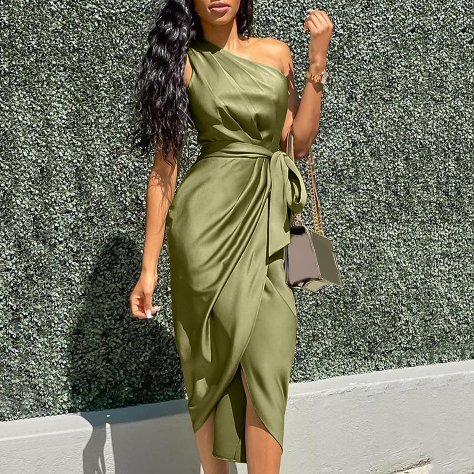 Women's One Shoulder Satin Asymmetrical Midi Bandage Dress - Afro Fashion Hive