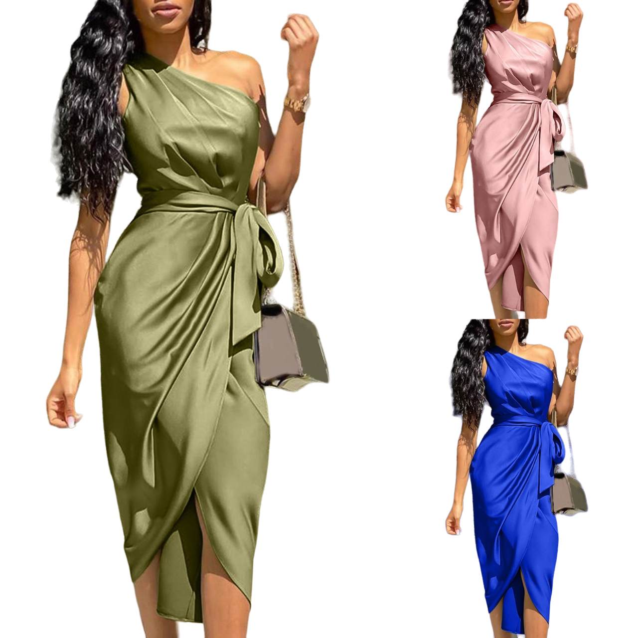 Women's One Shoulder Satin Asymmetrical Midi Bandage Dress - Afro Fashion Hive