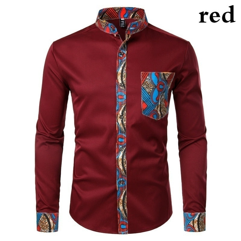 African Patchwork Pocket Print Ankara Style Long Sleeve Men's Shirt - Afro Fashion Hive