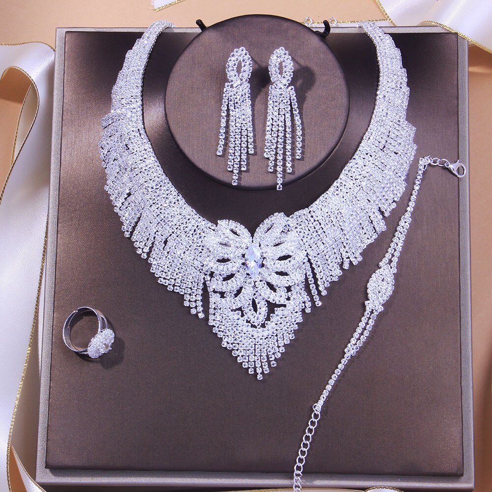 Women Hollow Crystal Luxury Tassel Rhinestone Bridal Jewelry Set - Afro Fashion Hive