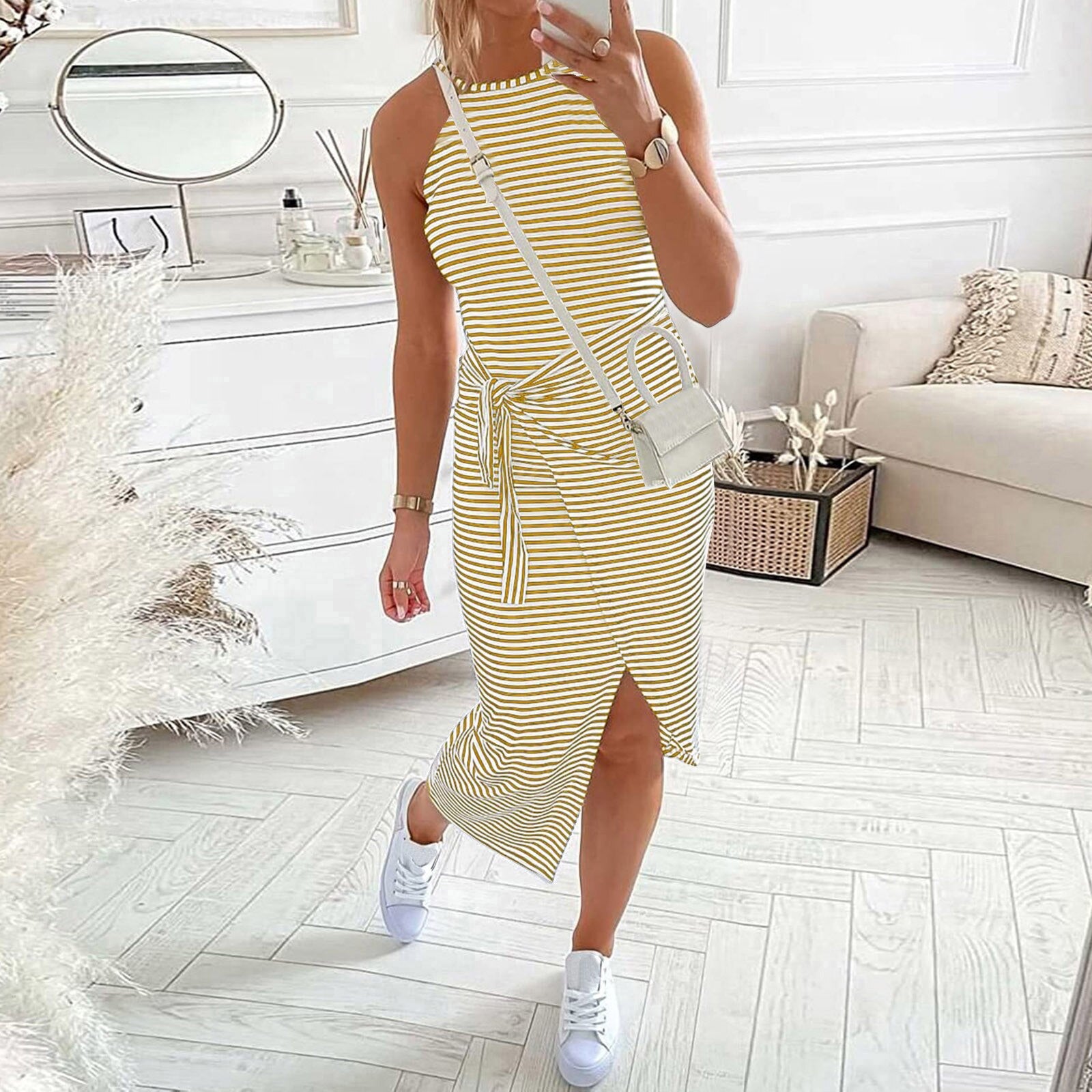 Women's Casual Summer Sleeveless Dresses Striped O Neck Sundress - Afro Fashion Hive