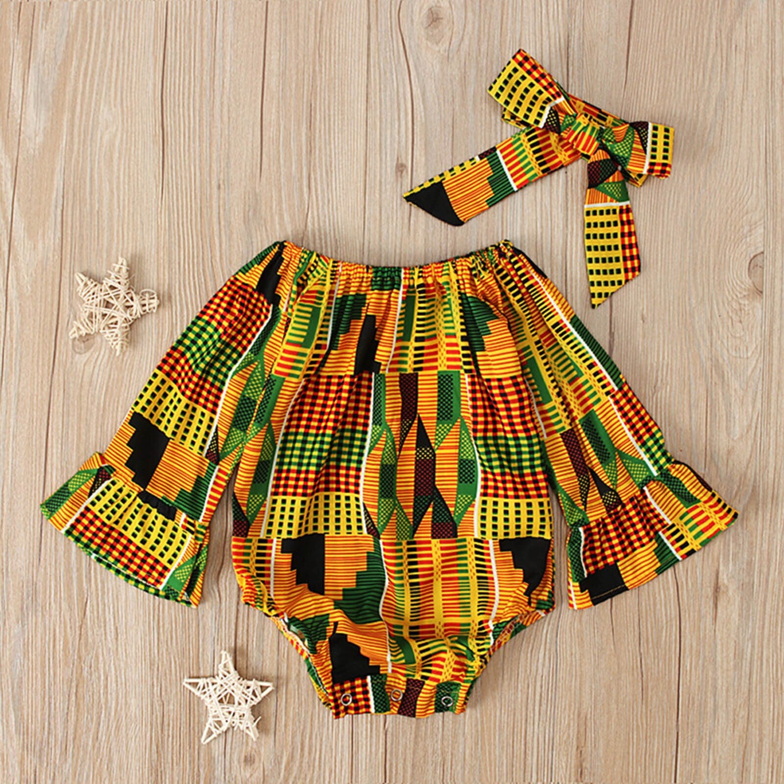 Toddler African Print Off Shoulder O Neck Romper + Headband Set - Afro Fashion Hive