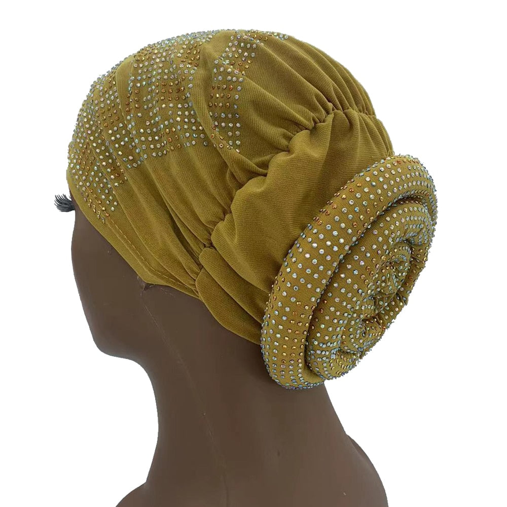 Women's Pleated Turban Cap with Padded Diamonds Design Elastic Headscarf