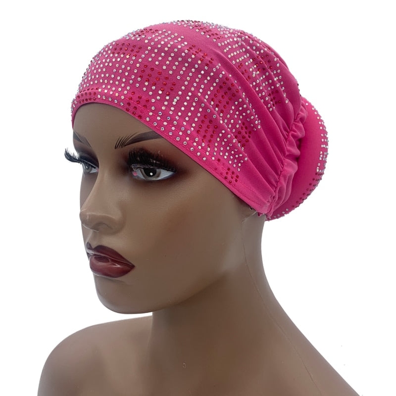 Women's Pleated Turban Cap with Padded Diamonds Design Elastic Headscarf