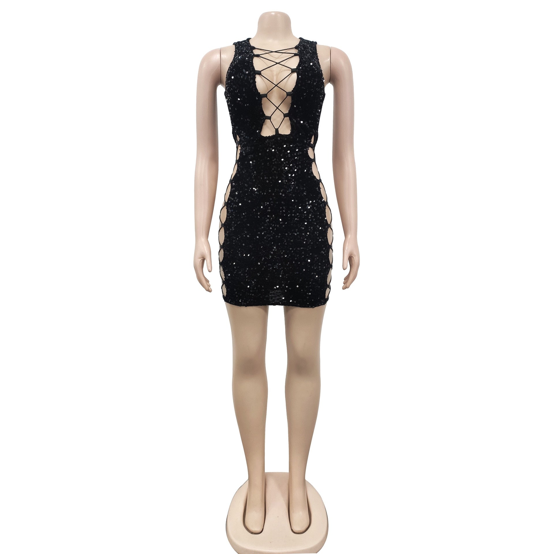 Women'S V-Neck Lace Up Bandage Luxurious Sequin Mini Dress - Afro Fashion Hive