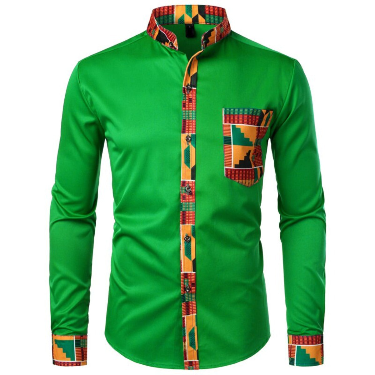 African Patchwork Pocket Print Ankara Style Long Sleeve Men's Shirt - Afro Fashion Hive