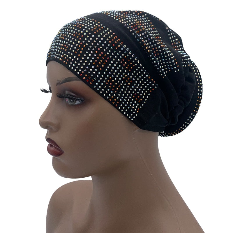 Women's Pleated Turban Cap with Padded Diamonds Design Elastic Headscarf