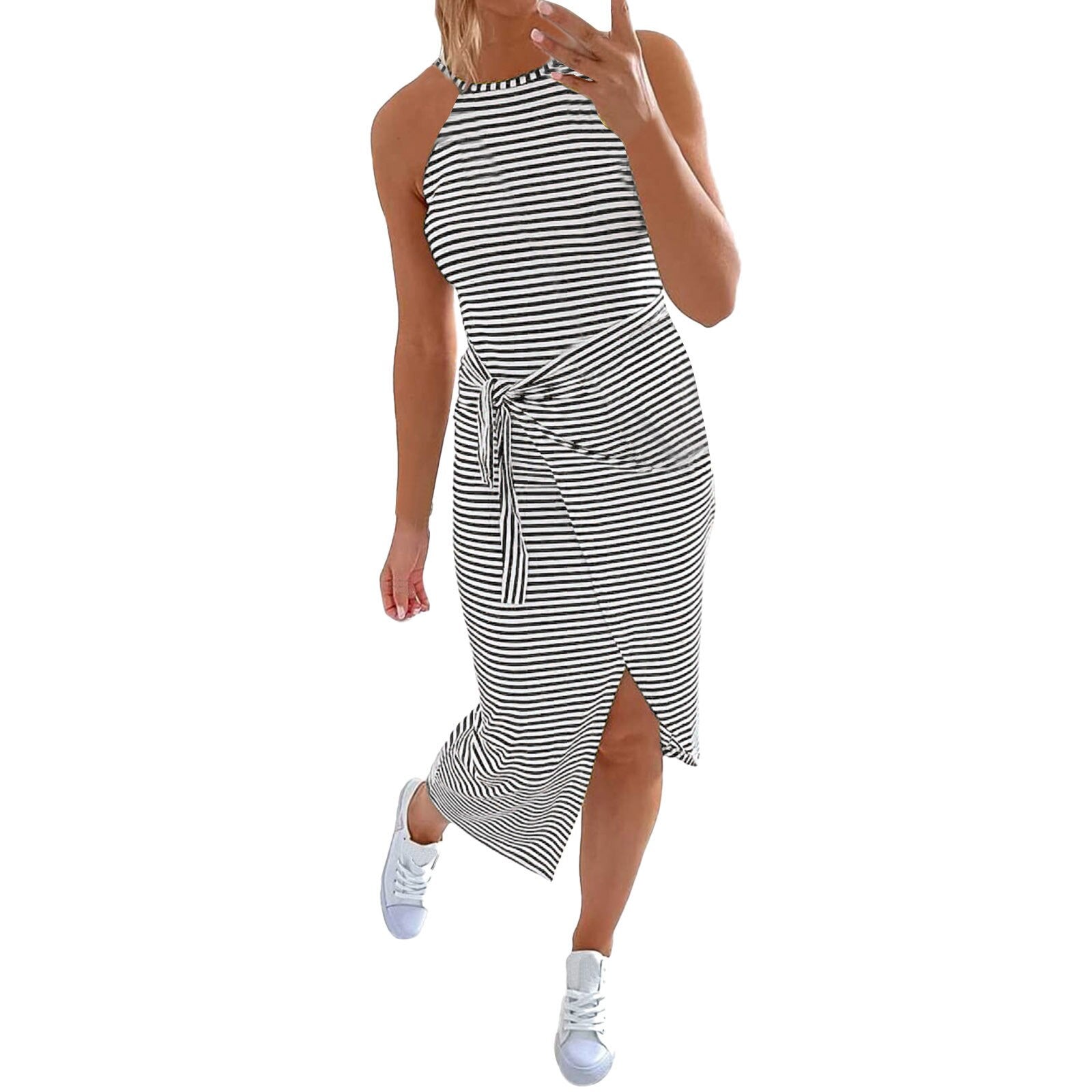 Women's Casual Summer Sleeveless Dresses Striped O Neck Sundress - Afro Fashion Hive