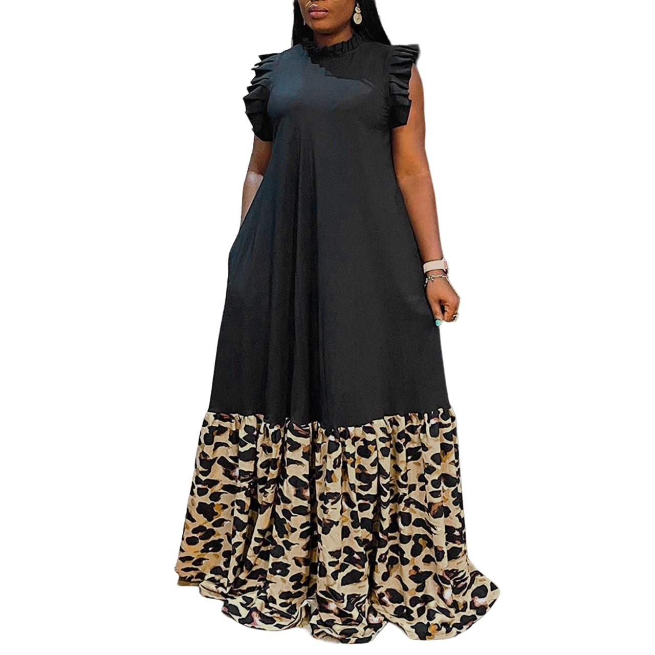 Women's Long Leopard Print Patchwork Robes African Maxi Dress - Afro Fashion Hive