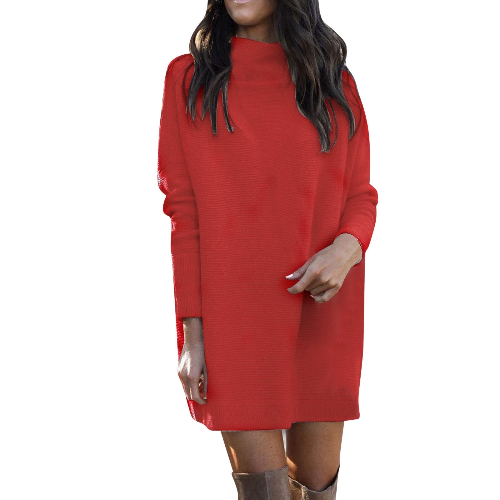 Women's Autumn Solid Long Sleeve Oversized Knitted Turtleneck Dress - Afro Fashion Hive