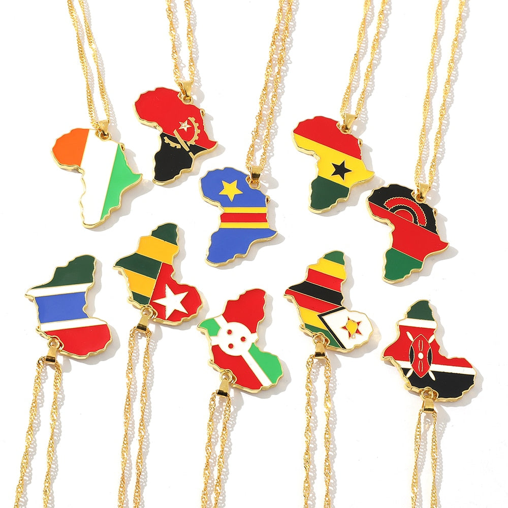 Men Women Snake Chain Africa Map Flag Pendant Necklace