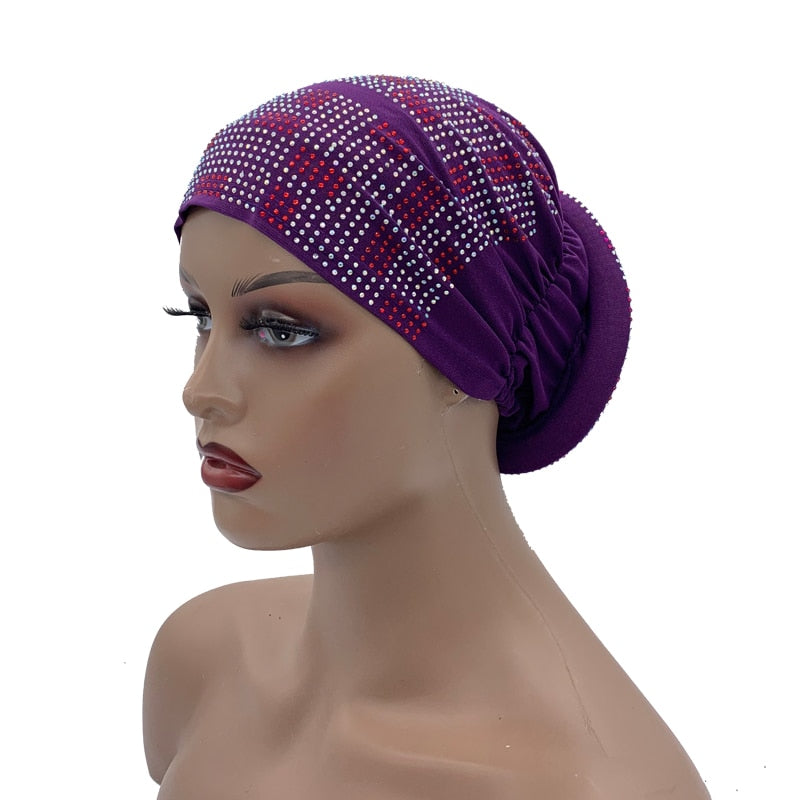 Women's Pleated Turban Cap with Padded Diamonds Design Elastic Headscarf